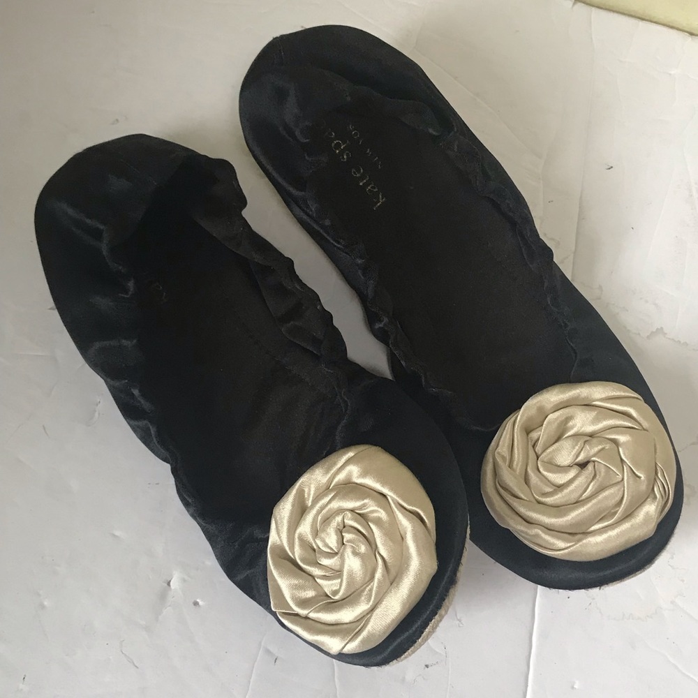 Kateโ Spade Satin Slippers Roses Ballet Shoes Flats Rose Comfy Slides Home Black